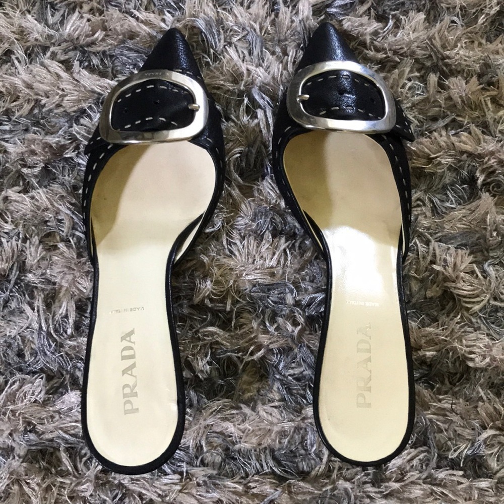 Prada Black Leather Buckle Mules White Contrast Stitch Kitten Heel 35.5 - Picture 3 of 7